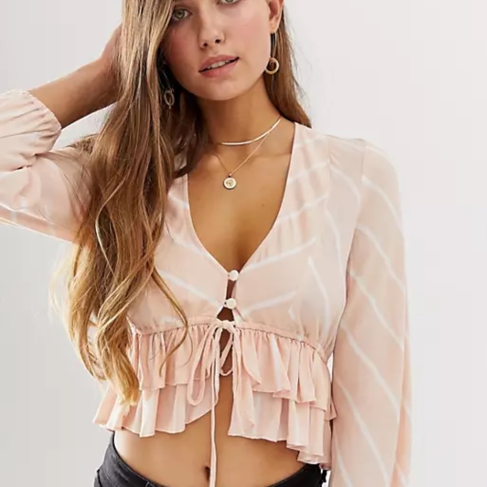 FREE PEOPLE Samifran Ruffle Printed Top In Peach Sz Medium